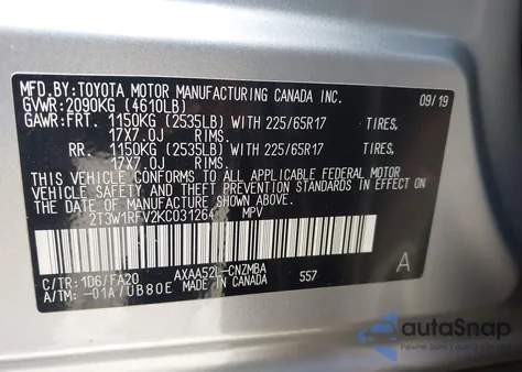 2019 Toyota Rav4 Xle z USA, uszkodzony, nr VIN 2T3W1RFV2KC031264
